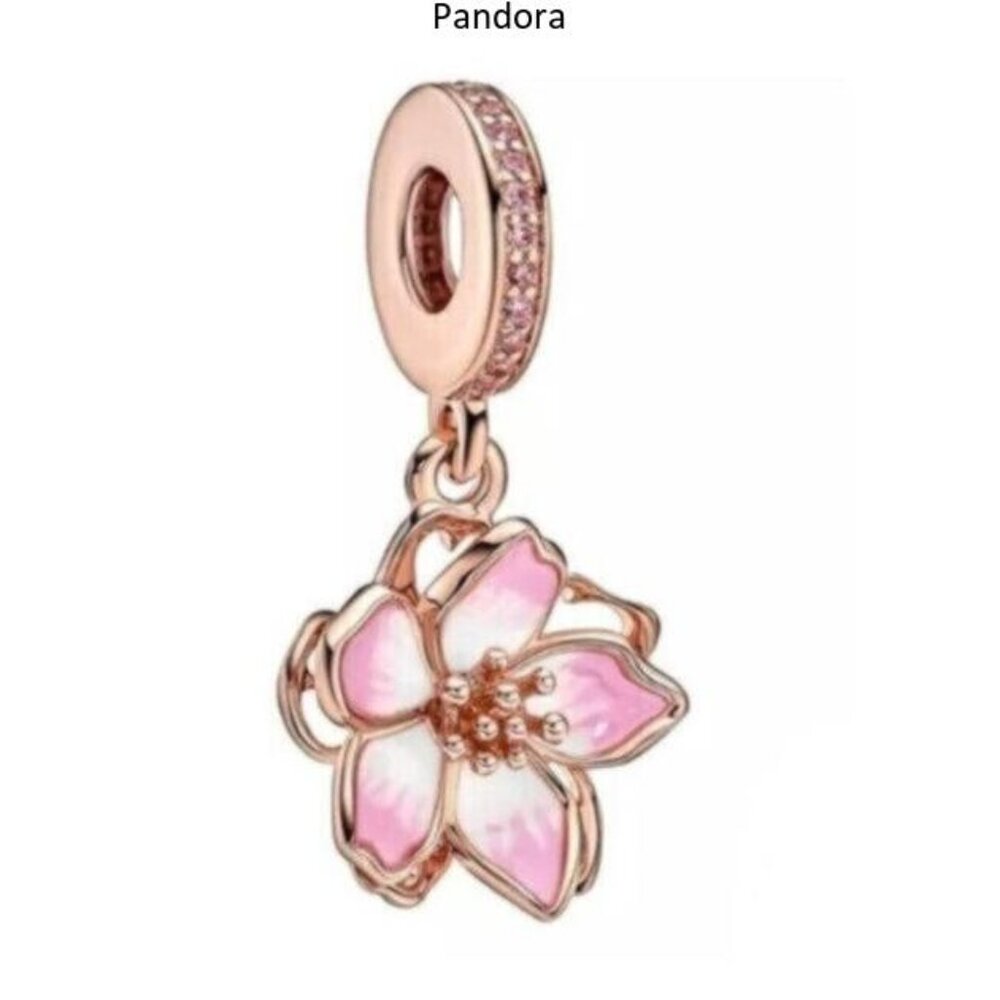 Rose Gold Plated Cherry Blossom Dangle Charm Fits Pandora Charm Bracelets